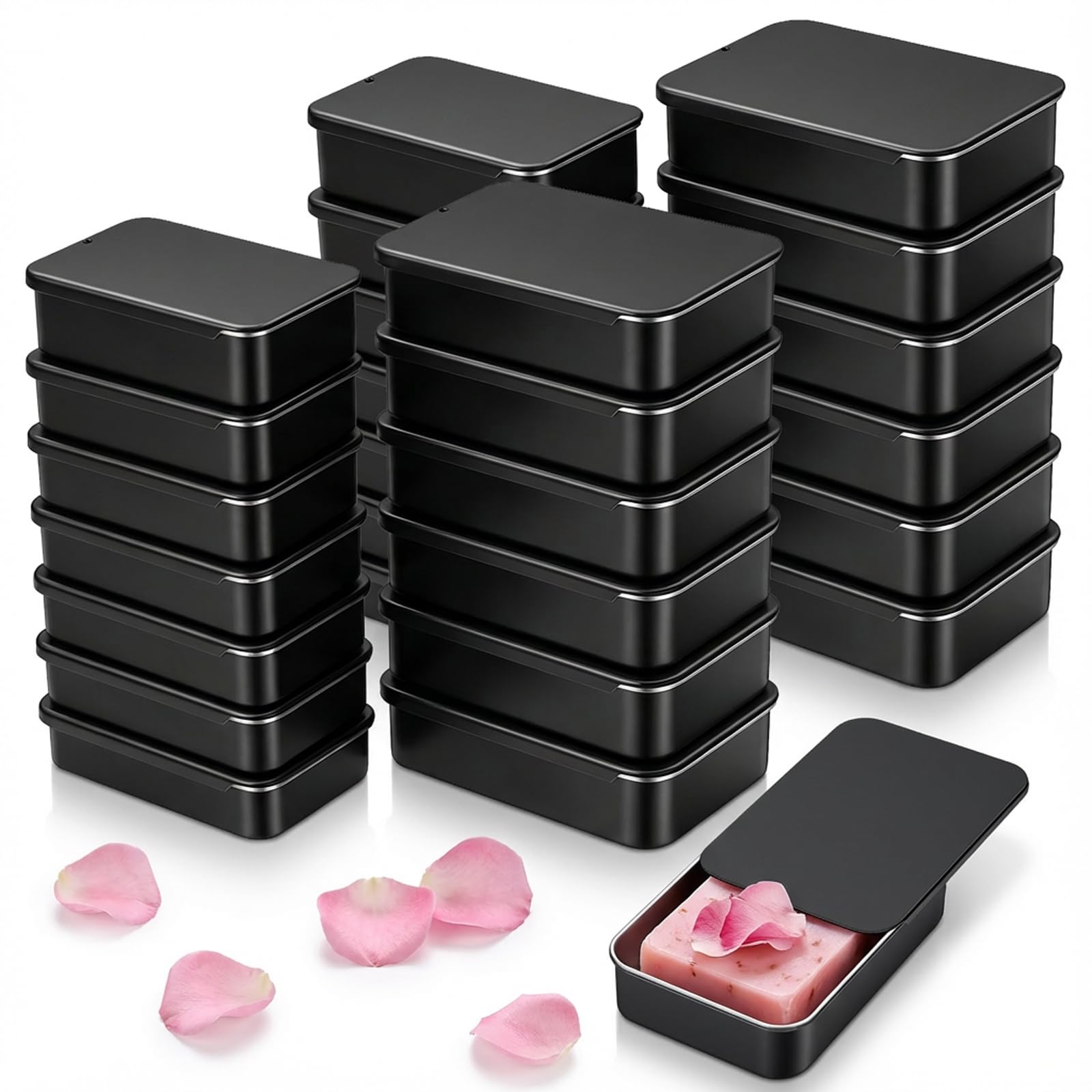 Goodma 24-Pack Rectangular Metal Slide Top Tin Containers for Candies Jewelry Crafts Pills Lip Balm Storage Survival Kit, Mixed Sizes (Black)