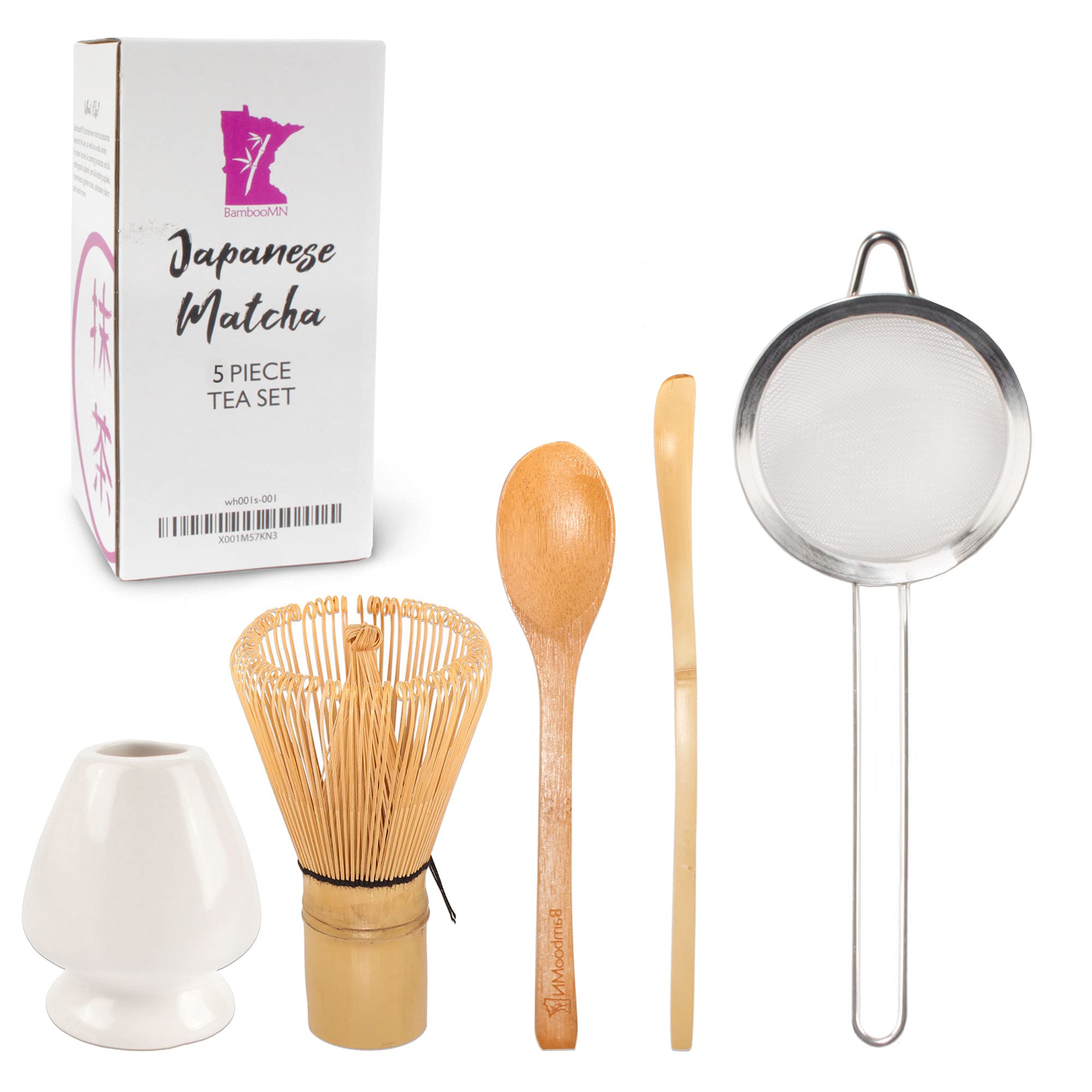 BambooMN Brand - Matcha Green Tea Whisk Set - White - 5-Piece Set - Bamboo Tea Accessories