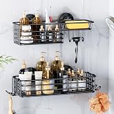 LEVERLOC Shower Caddy Suction Cup, 2 Pack Suction Shower Shelf With Hooks | Black Shower Caddies, Soap holder, NO-Drilling Ba