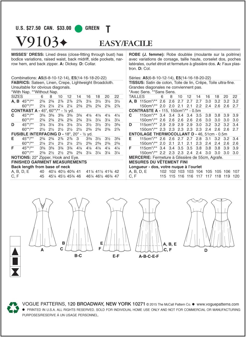 Amazon Com Vogue Patterns V9103 Misses Dress Size A5 6 8 10 12 14
