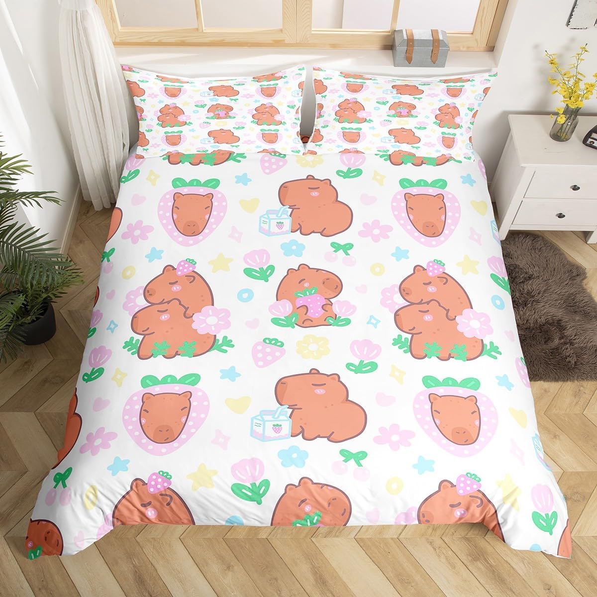 Capybaras Duvet Cover Double Size,Funny Capybara Comforter Cover for Kids Boys Girls Teens,Cute Mexican Cactus Print Bedding Set Westurn Cowboy Style Bedspread Cover Wild West Themed Home Decor