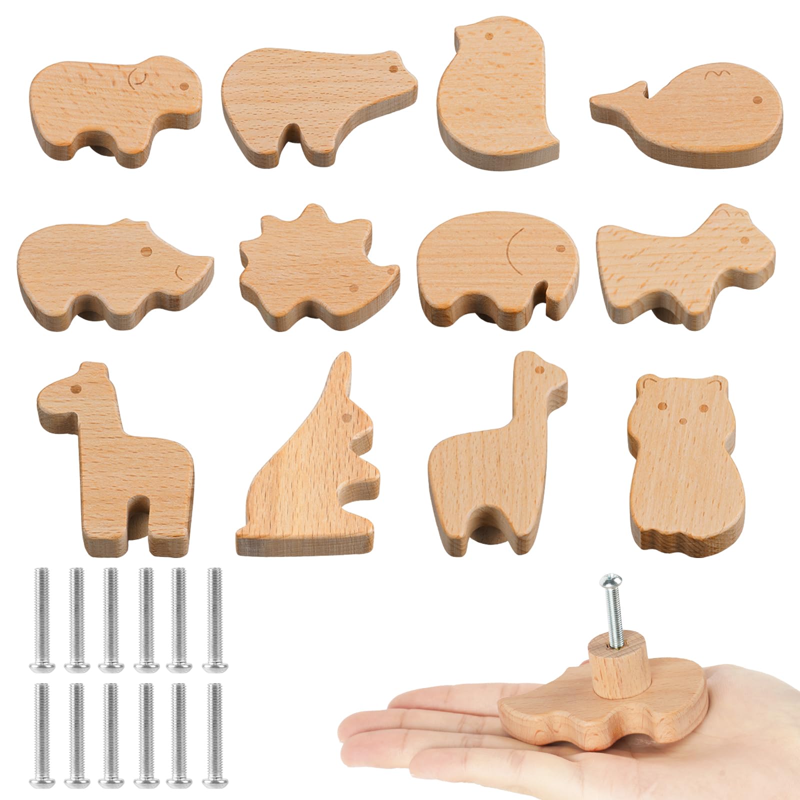 Aolso Wooden Cabinet Knobs, 12PCS Animal Shape Furniture Pull Handle with Screws, Wooden Cabinet Handles for Wardrobe Drawer Dressing Table Cabinet — image 1