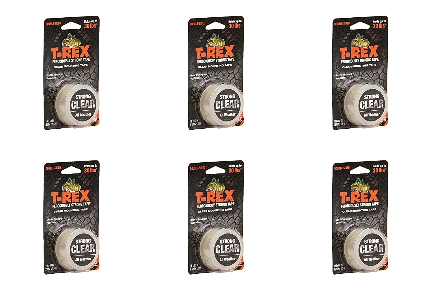 T-Rex Tape Extreme Hold Double Sided Mounting Tape Clear, Holds up to 30lbs, 25mm x 1.5m, Pack of 6