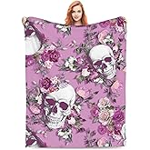 BLUBLU Flannel Fleece Bed Blanket Throw Blanket Lightweight Cozy Plush Blanket for Bedroom Living Room Sofa Couch Skull Rose Pink 60