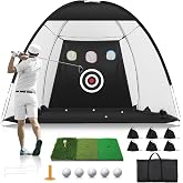 Golf Net: 10x7FT Golf Practice Net for Backyard Driving, Hitting Net with Tri-Turf Mat, Indoor Training Chipping Aid Nets wit