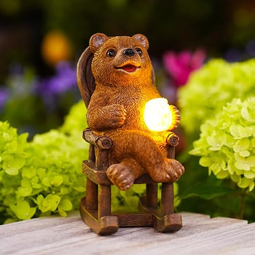 Solar-Powered Brown Bear Garden Statue with LED Light - Relaxing Chair Outdoor Decor, Weatherproof Solar LED Figurine, Bear-Themed Gift & Garden Ornament for Patio/Lawn