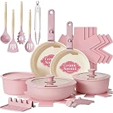 Umite Chef Pots and Pans Set Non Stick, 21 pcs Nonstick Ceramic Cookware Set, RV Kitchen Cooking Set with Detachable Handles, Oven Safe, Induction Cookware, Stackable, Pink, PFAS PFOA &amp; PTFE Free