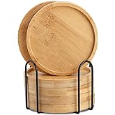WLWNWFT Bamboo Coaster Set of 6 with Lid Holder for Coffee Table, Wooden Coasters for Drinks Saucers for Planters Tabletop Protection Housewarming Gift