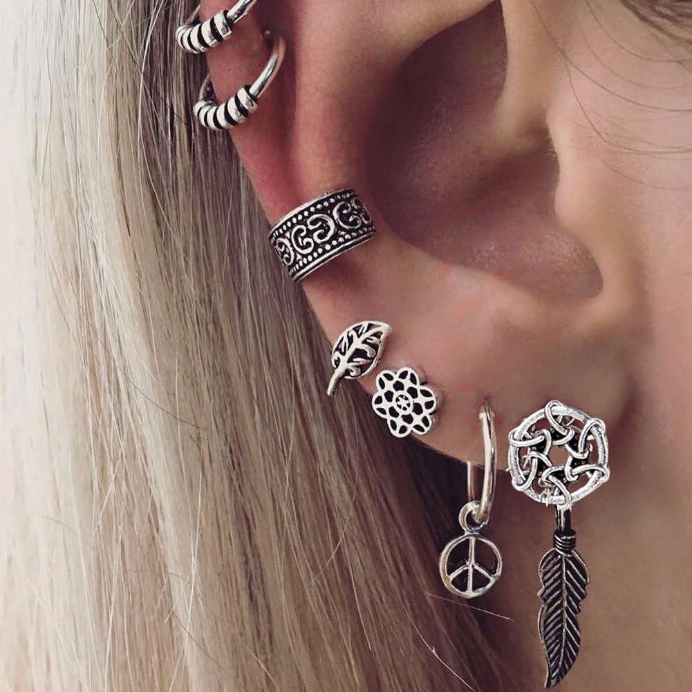 pengyu 7Pcs/Set Stud Earrings Dream Catcher Leaf Ear Cuff Stud Earrings Women Vintage Jewelry Gift