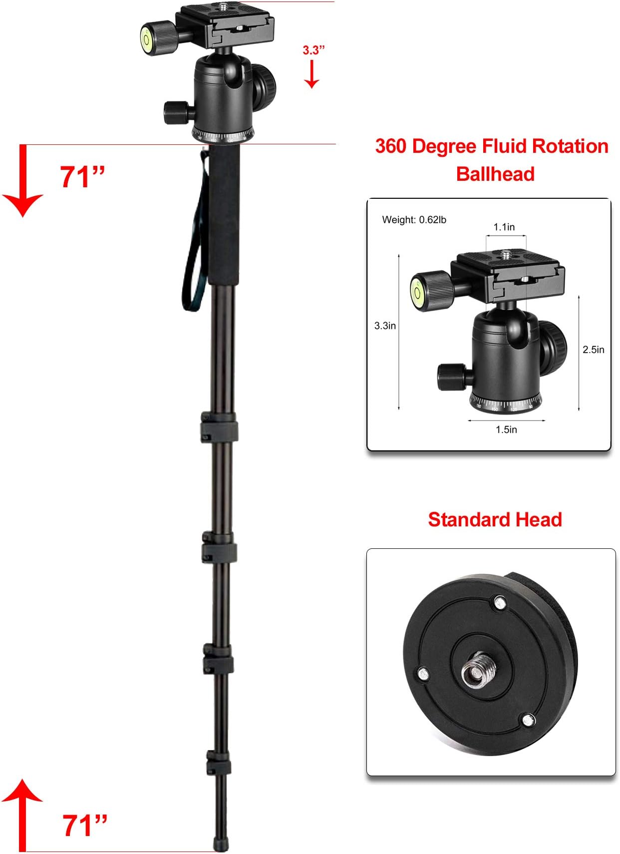 Professional Heavy Duty 72" Monopod/Unipod (Dual Optional Head) for Canon EF 100mm f/2.8L
