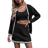 Fisoew Womens Sweater Sets Knit 3 Piece Casual Long Sleeve Button Cardigan High Waisted A Line Skirts Workout Lounge Set