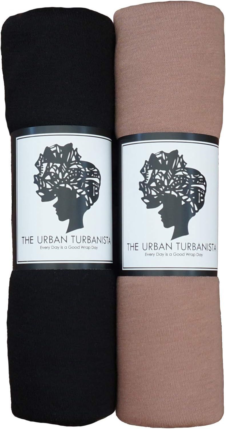 Stretch Head Wraps for Women | Extra Long Jersey Knit Turbans| Soft Cotton African Head wrap Scarf | BLACK/CAMEL 2 pack