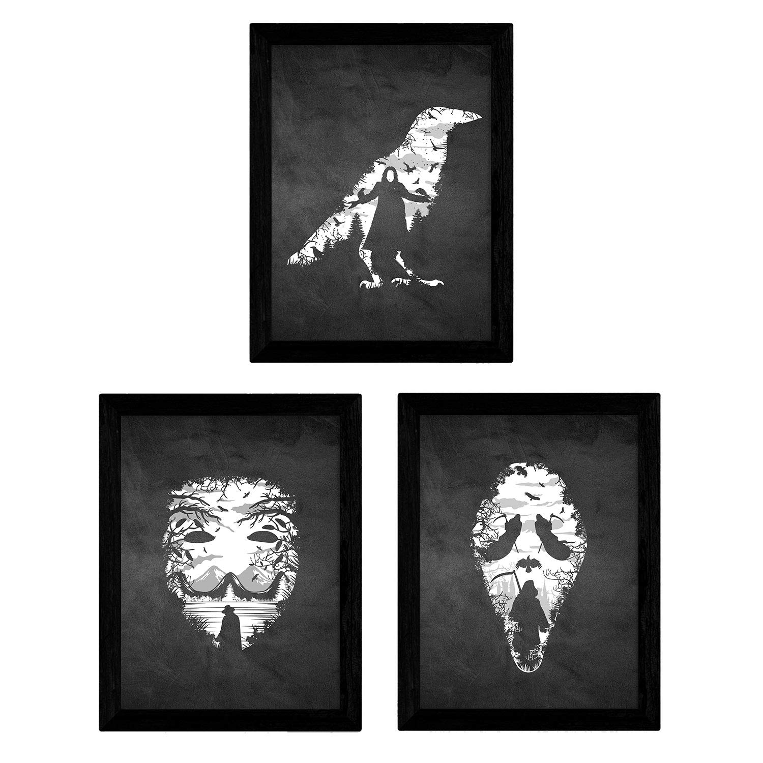 Nacnic Set of three black and white sheets of Vendeta films V, Scream and The Raven Poster Size A4 black slate background style frameless