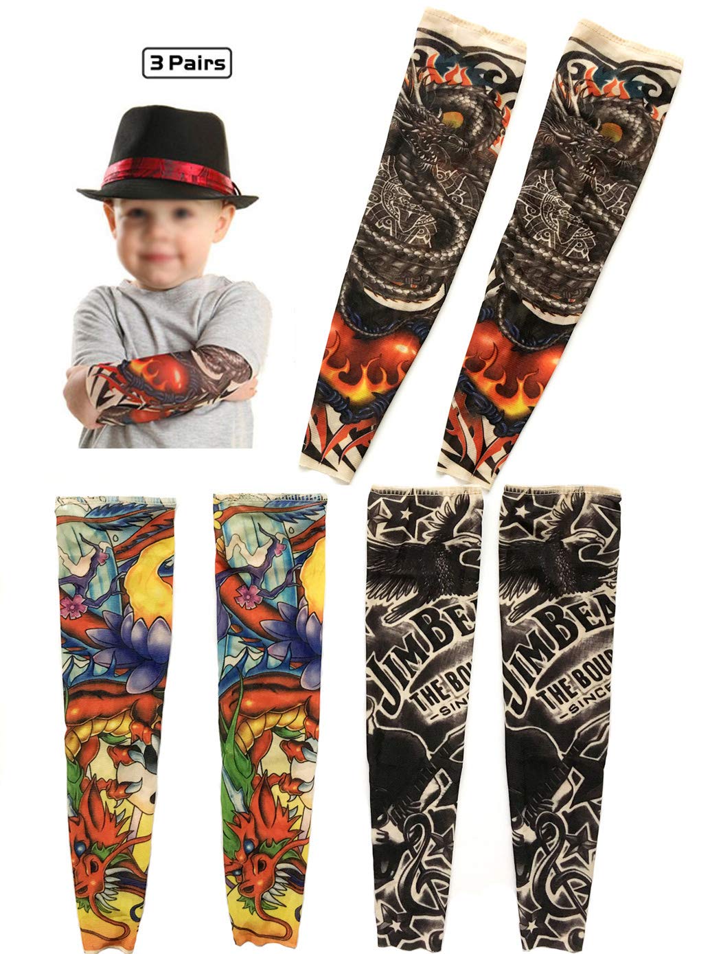 Temporary Tattoo Sleeves for Kids, iToolai Art Cooling Arm Cover Up Fake Tattoo Sleeves for Boy Girl Sunscreen(3 Pairs)