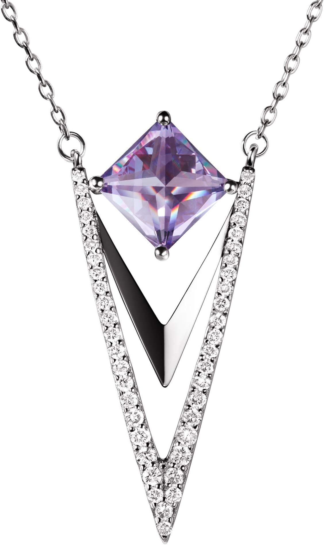 Franki Baker Art Deco Style Amethyst & Diamond CZ & 925 Sterling Silver Swivel Pendant Necklace. Chain length: 45cm
