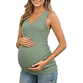Maternity Tank Tops for Women Summer Sleeveless V Neck Ribbed Knit Slim Fitted Blouse Side Ruched Pregnancy Shirts