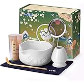 JUL WIND Matcha Whisk Set, Ceramic Matcha Bowl with Spout, Bamboo Whisk, Scoop, Sifter, Holder, Tea Towel - 6Pcs Matcha Kit Gift for Matcha Lovers Beginners (White)