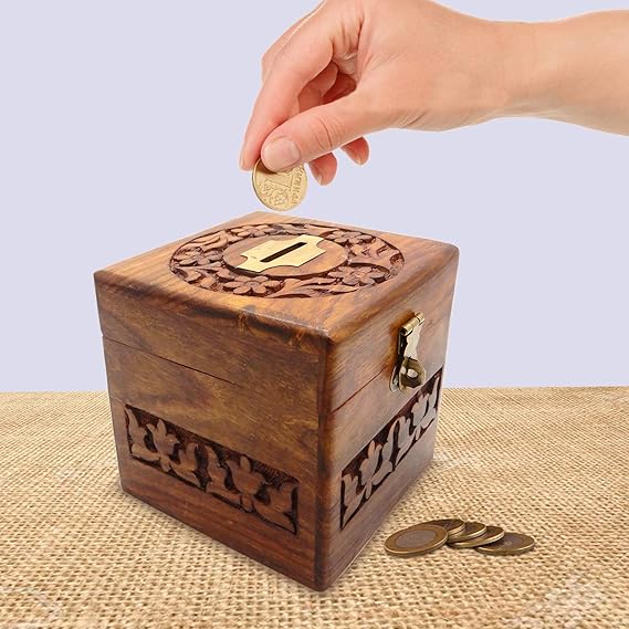 Handmade Wooden Money Bank Money Storage Box in Square Shape Carving