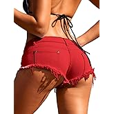 EHSUYAB Women Sexy Cowgirl Booty Jean Shorts, Low Rise Pockets Cheeky Mini Ripped Jeans, Micro Denim Hot Pants Rave Outfits Burgundy X-Small