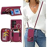 Hamany Crossbody Wallet Case for Galaxy S25 Ultra, PU Leather Zipper Handbag Purse Flip Cover, Kickstand Folio Case with Card Slots Holder Wrist Strap Lanyard -Dark red