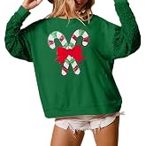 UAURORAO Christmas Sequins Sweatshirts Women Glitter Patch Crewneck Pullover Tops Sparkly Printed Xmas Long Sleeve Shirt