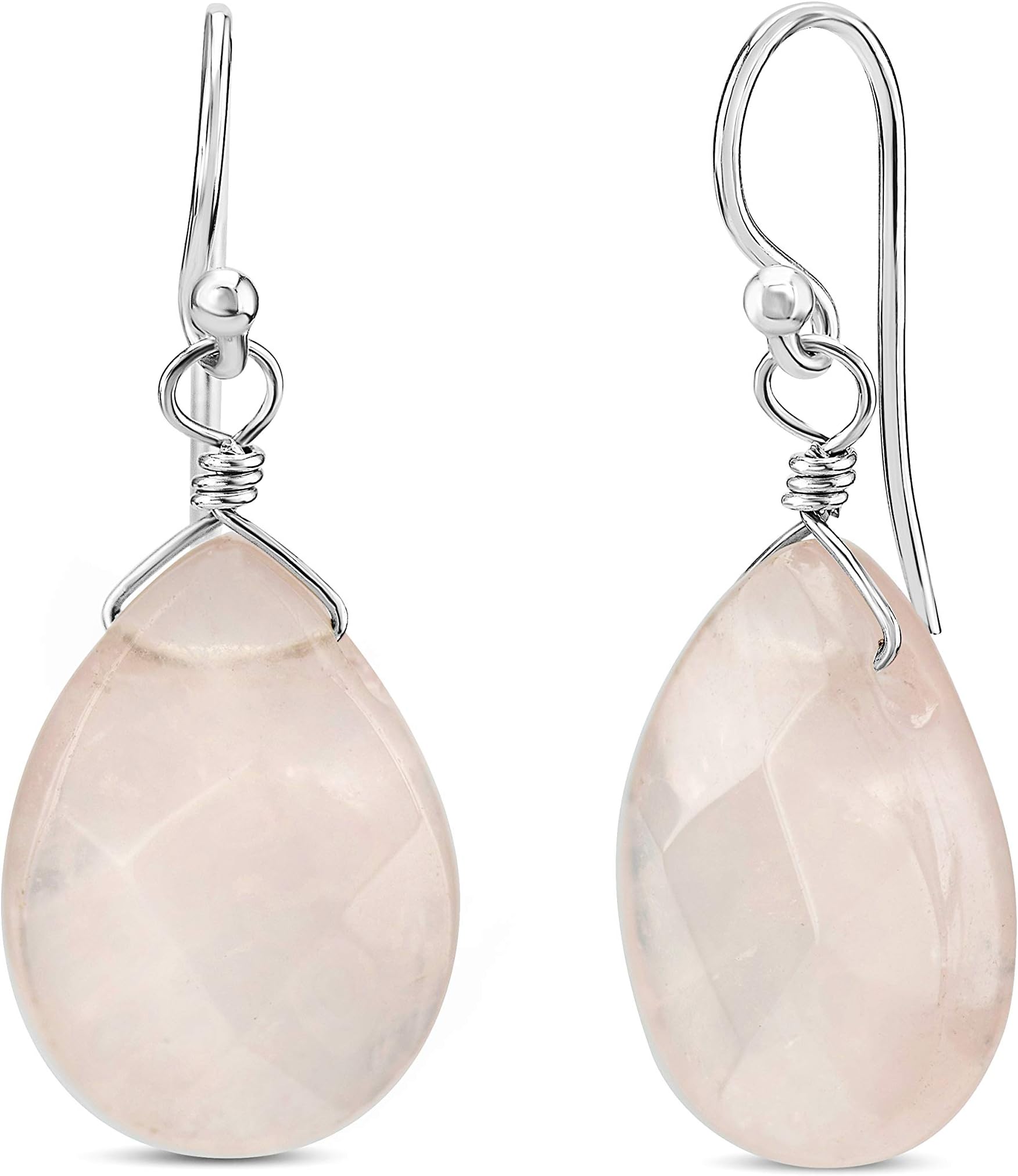 FRONAY Natural Gemstone Rose Quartz Dangle Drop Earrings - Handmade Sterling Silver Jewelry for Women