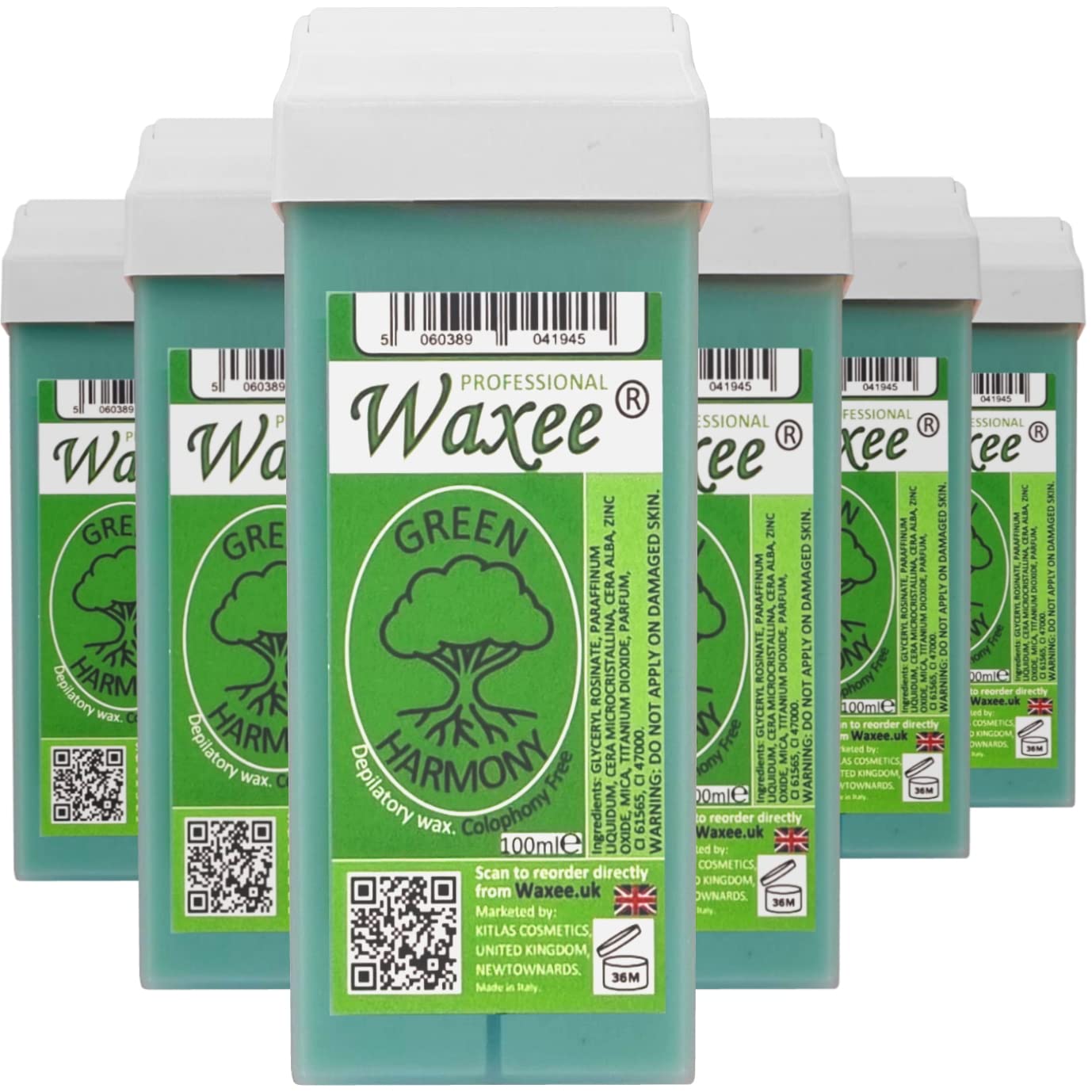 Roll-on wax cartridge, roller, refill 100ml x 6pcs from UK Brand- Waxee! (Roll on wax Green Harmony)