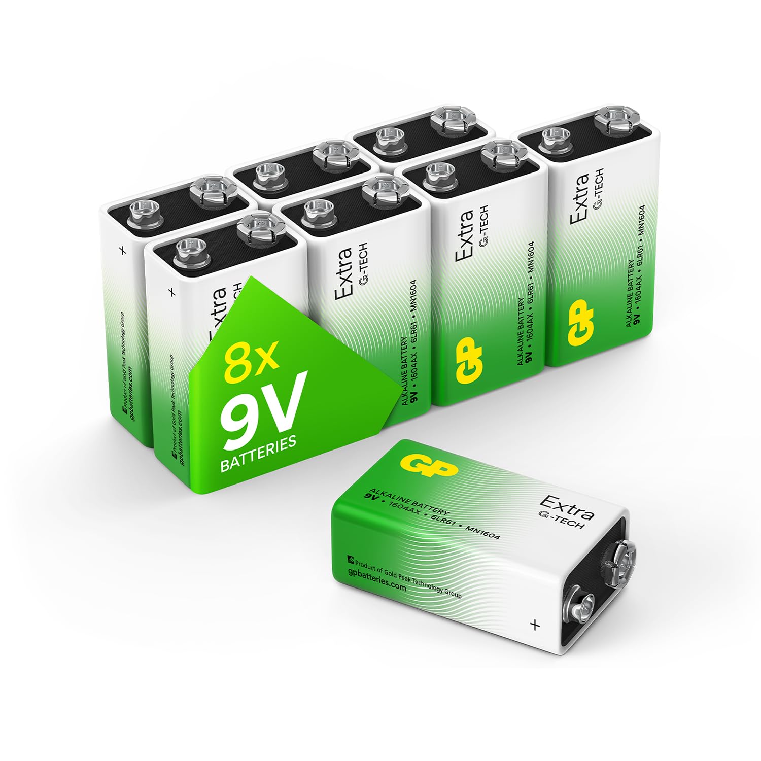 Batteries 9 Volt (9V) Pack of 8 PP3 - MN1604 – 6LR61 – 6LF22 by GP Batteries 9V Extra Alkaline Batteries ideal for: Toys/Remote controls/Radio’s/Smoke Detectors