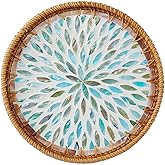Rattan Serving Tray with Mother of Pearl, Round Coffee Table Tray Decor, Boho Decorative Round Hand-Woven Wicker Home Decor (Galaxy Blue, 12 inch)