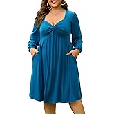 AMCLOS Women's Plus Size Square with Deep V Neck Sexy Flowy Dress Twist Knot Front 2 Pockets Long Sleeve Casual Party Work