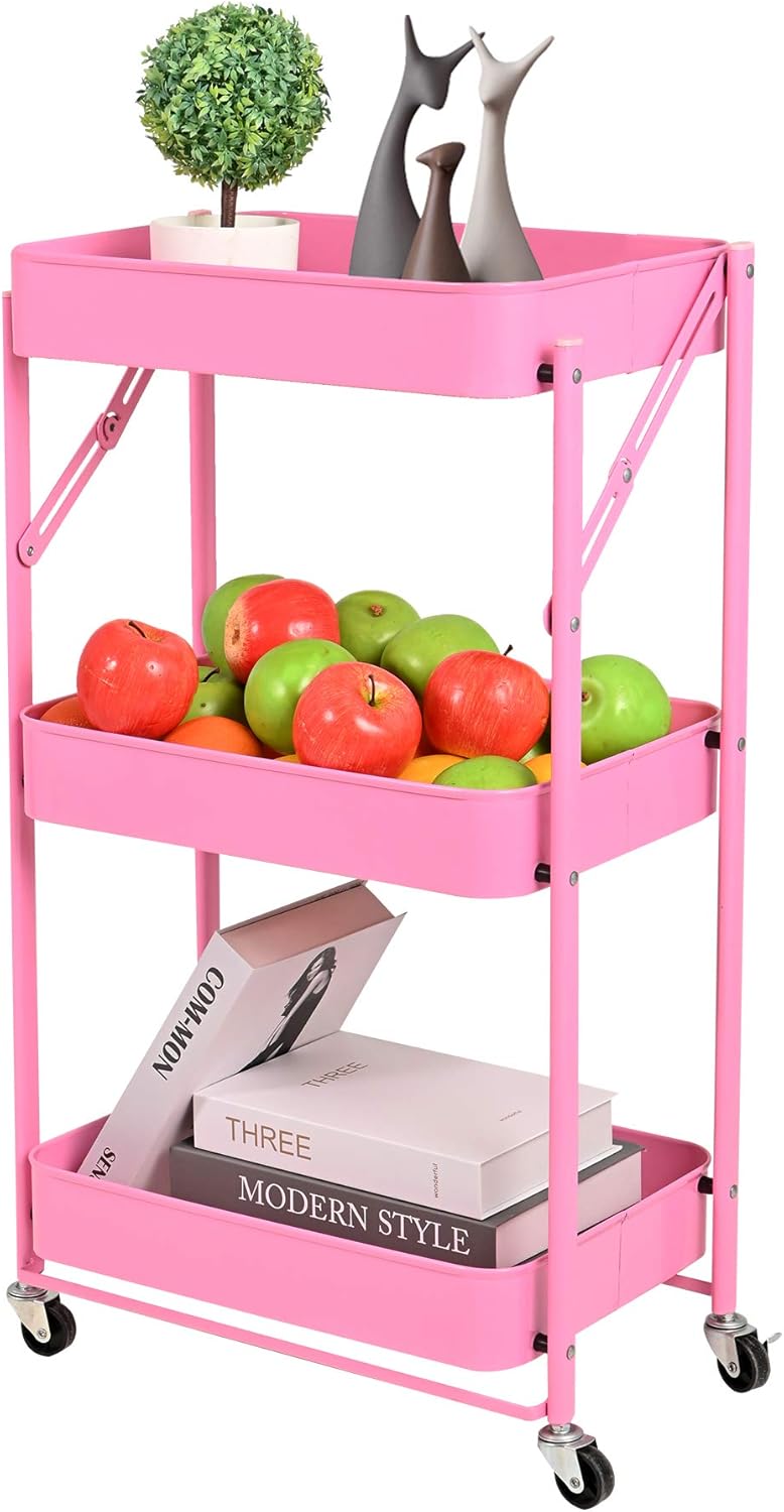 3-Layer Movable and Foldable Metal Storage Cart with Wheels Without Installation, Pink(17.71Lx11.61Wx28.34H) : Office Products