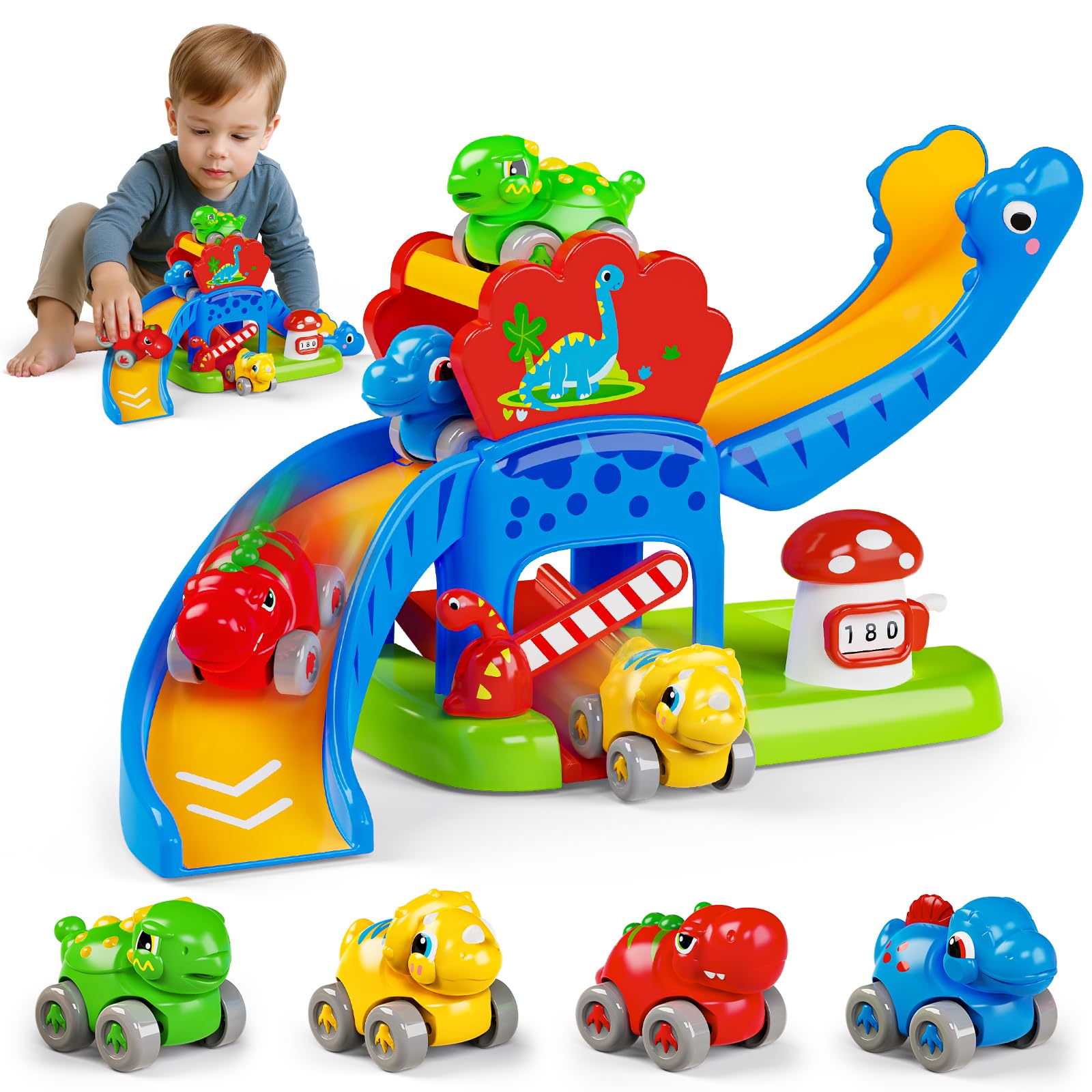 Photo 1 of Toddler Toys Gifts for 1 2 Year Old Kids, Educational Dinosaur Slide Toy with 4 Cars for 12-18 Months Baby, First Birthday Chirstmas Gifts for Aged 1-3 Year Old, Push Car Track Toy for Boys Girls