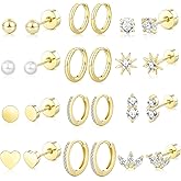 Hypoallergenic Flat Back Earrings for Women: 14K Gold Plated Surgical Stainless Steel Screw Flatback Stud Earrings Sterling Silver Small Huggie Hoop Earrings for Cartilage Earring Sets for Multiple Piercing