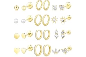 SWEETKIKI Hypoallergenic Flat Back Earrings for Women: 14K Gold Plated Surgical Stainless Steel Screw Flatback Stud Earrings Sterling Silver Small Huggie Hoop Earrings for Cartilage Earring Sets for Multiple Piercing