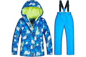 Boys Girls Ski Pants Set Windproof Zip-Up Thermal Hoodie Snowsuit Overalls Set Waterproof Winter Ski Suits Outfit