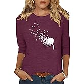 Chulianyouhuo Womens 3/4 Sleeve T Shirt Sunflower Graphic Tees Dandelion Flower Print Summer Casual Tops Blouse