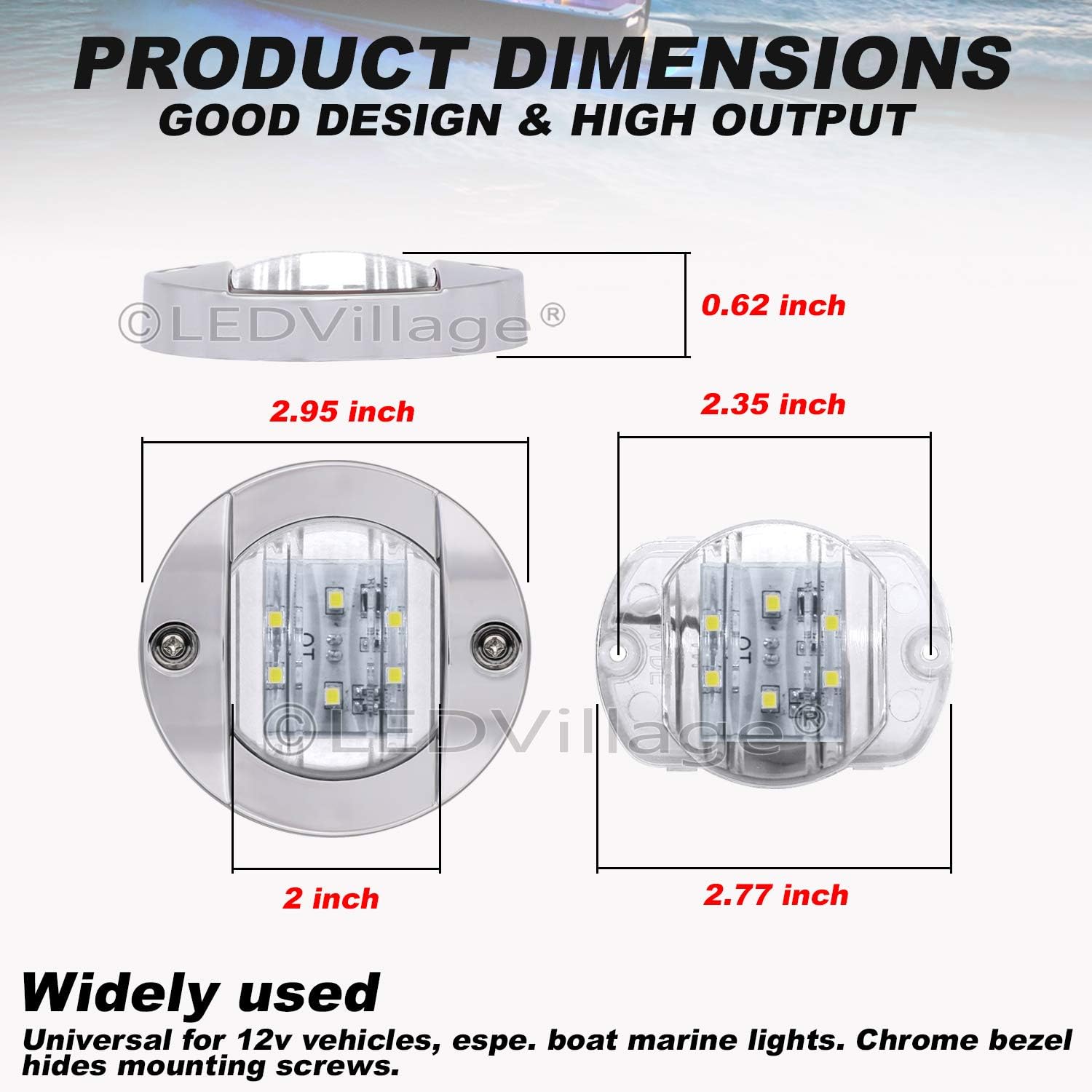 [Pack of 4] 3 Inch Ledvillage White LED Round Marine Navigation Lights with Chrome Base 6 Diodes Stern Anchor Lamp Transom Mount for Trailer Boat Truck Kayak Cab Skeeter Universal 12V DC Waterproof OT