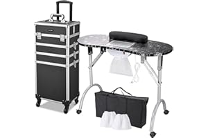AW BYOOTIQUE Rolling Manicure Table 4in1 Makeup Train Case Foldable Nail Desk Cosmetology Case on Wheels with Built-in Dust Collector for Technician Workstation Mobile Artist Home Spa Beauty Salon, Black