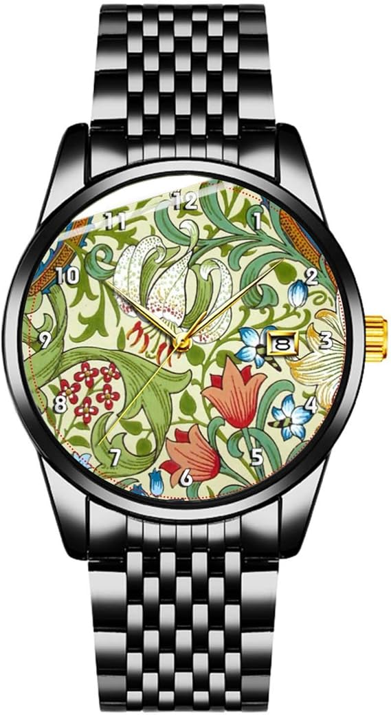 Amazon ブラックウルトラスリムミニマリスト防水時計ウィリアムモリスガーデンリリー壁紙ウォッチ日付付きメタルストラップ ボーイズ腕時計 腕時計 通販