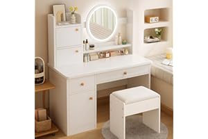 NBYTLT Vanity Desk with Stool, Vanity Desk with Round Mirror and Storage Drawers, Adjustable 3 Lighting Modes Vanity Table fo
