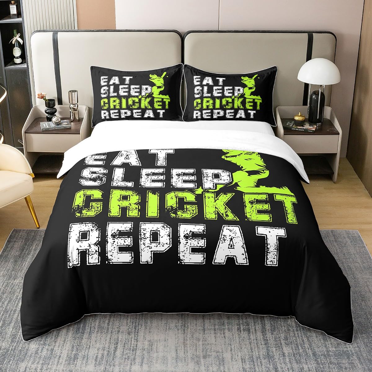 Homewish Boys 100% Cotton Duvet Cover Single,Fluorescent Green Cricket Bedding Set for Kids,Eat Sleep Cricket Comforter Cover,Sports Cricket Player Bed Sets with 1 Pillowcase