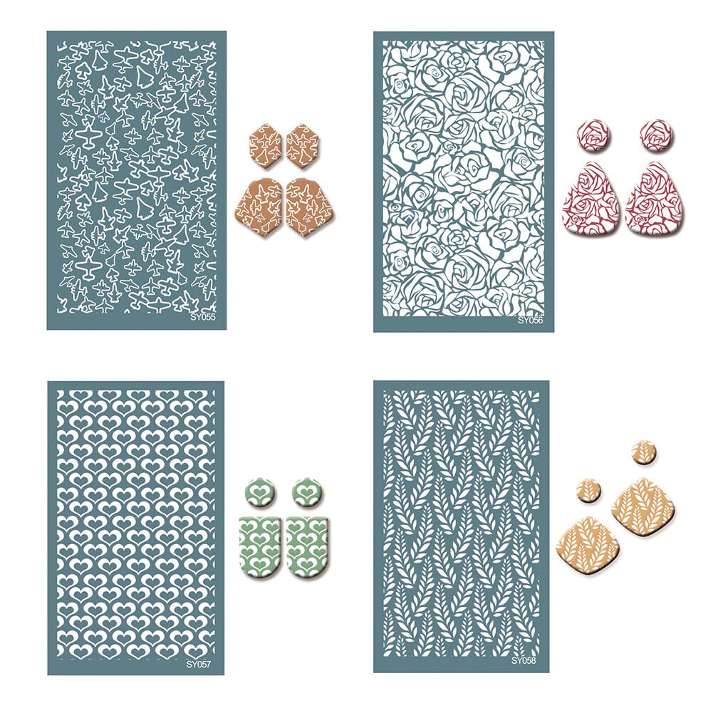 4Pcs Silk Screen Stencils for Polymer Clay, Polymer Clay Silkscreen Tool Reusable Silkscreen Print Kit for DIY Polymer Clay Jewelry Making