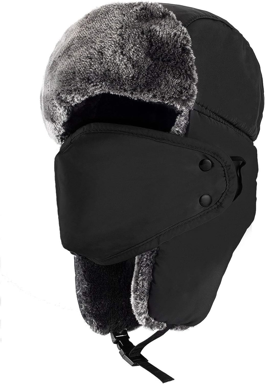 Mysuntown Unisex Winter Trooper Trapper Hat Hunting Hat Ushanka Ear Flap Chin Strap and Windproof Mask,Black,22-24 Inches ,One Size Fits All: Clothing