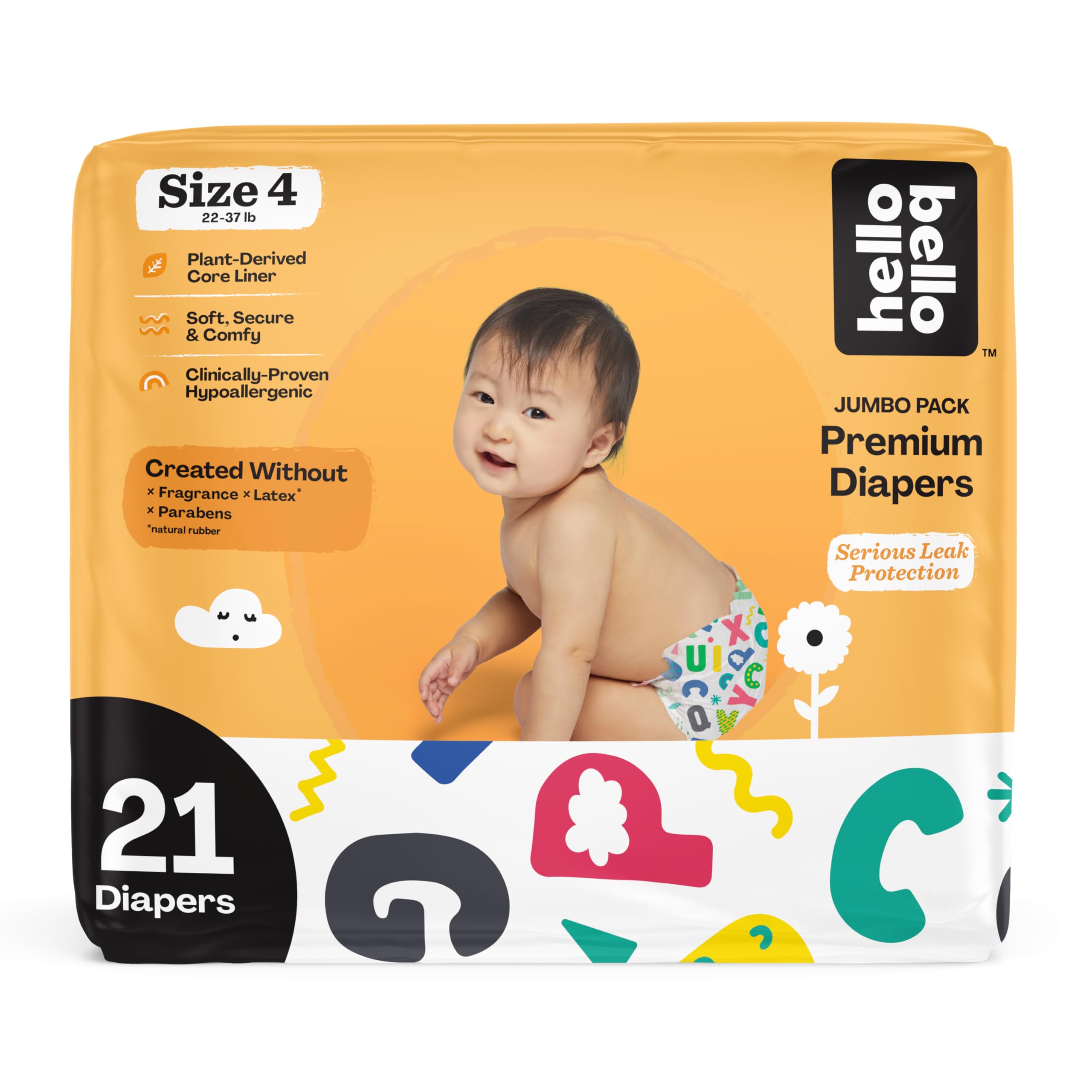 Photo 1 of Hello Bello Premium Baby Diapers Size 4, 21 Count of Disposable, Extra-Absorbent, Hypoallergenic Baby Diapers with Snug and Comfort Fit, Alphabet Soup