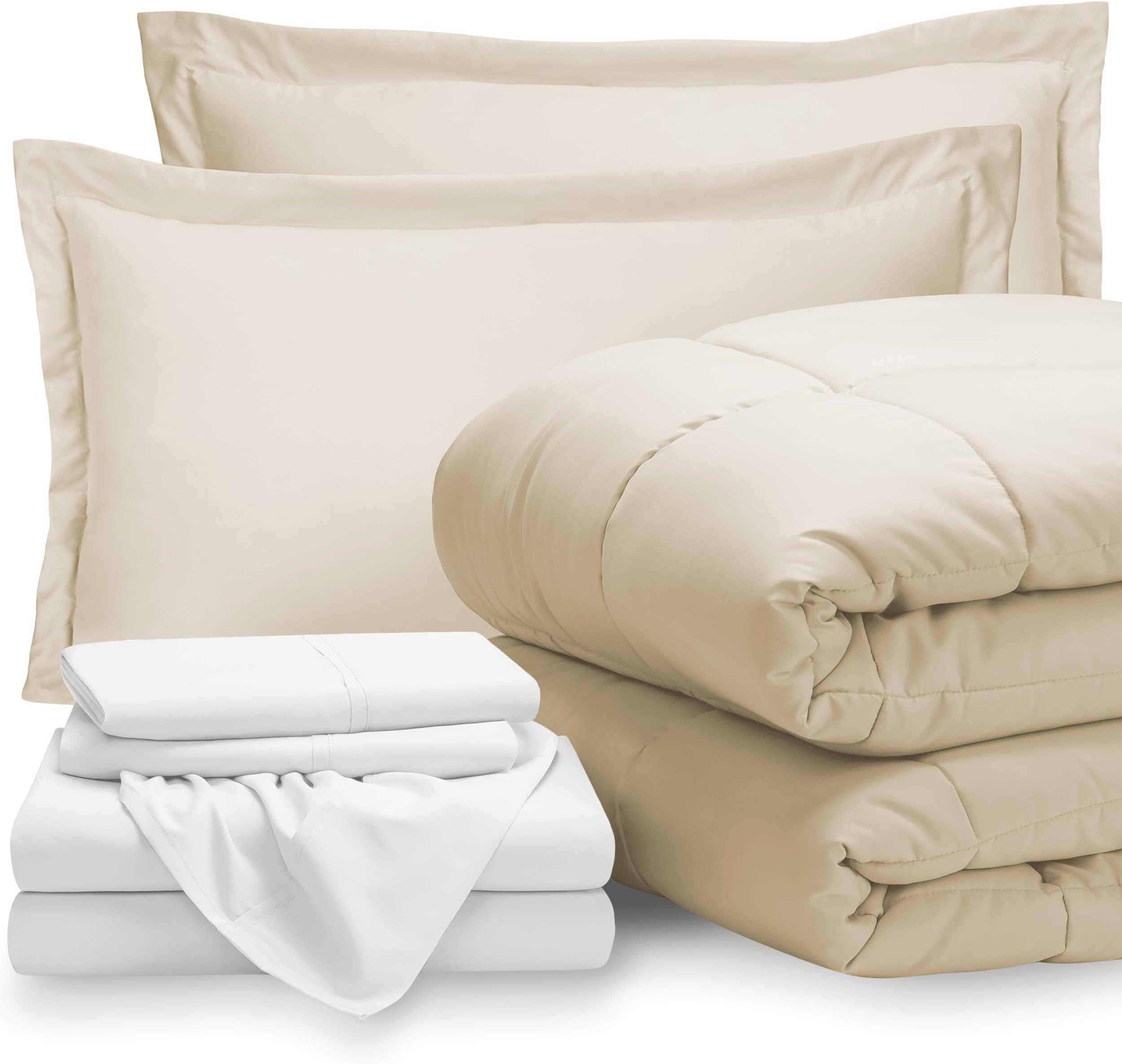 Bare Home Bedding Set 7 Piece Comforter & Sheet Set - California King - Goose Down Alternative - Ultra-Soft 1800 Premium - Hypoallergenic - Breathable Bed Set (Cal King, Sand/White)
