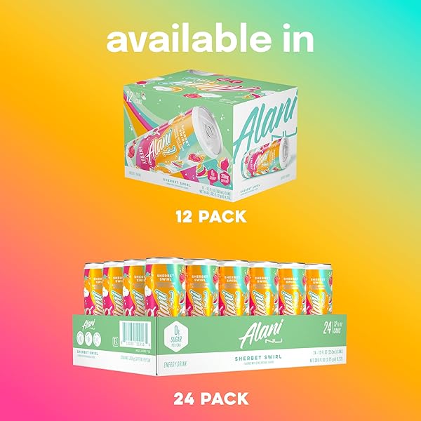 ALANI NU SHERBET SWIRL SUGAR FREE, LOW CALORIE ENERGY DRINKS, 200MG CAFFEINE, BIOTIN B VITAMINS, ZERO SUGAR, 10 CALORIES, 12 FL OZ CANS, 24 PACK