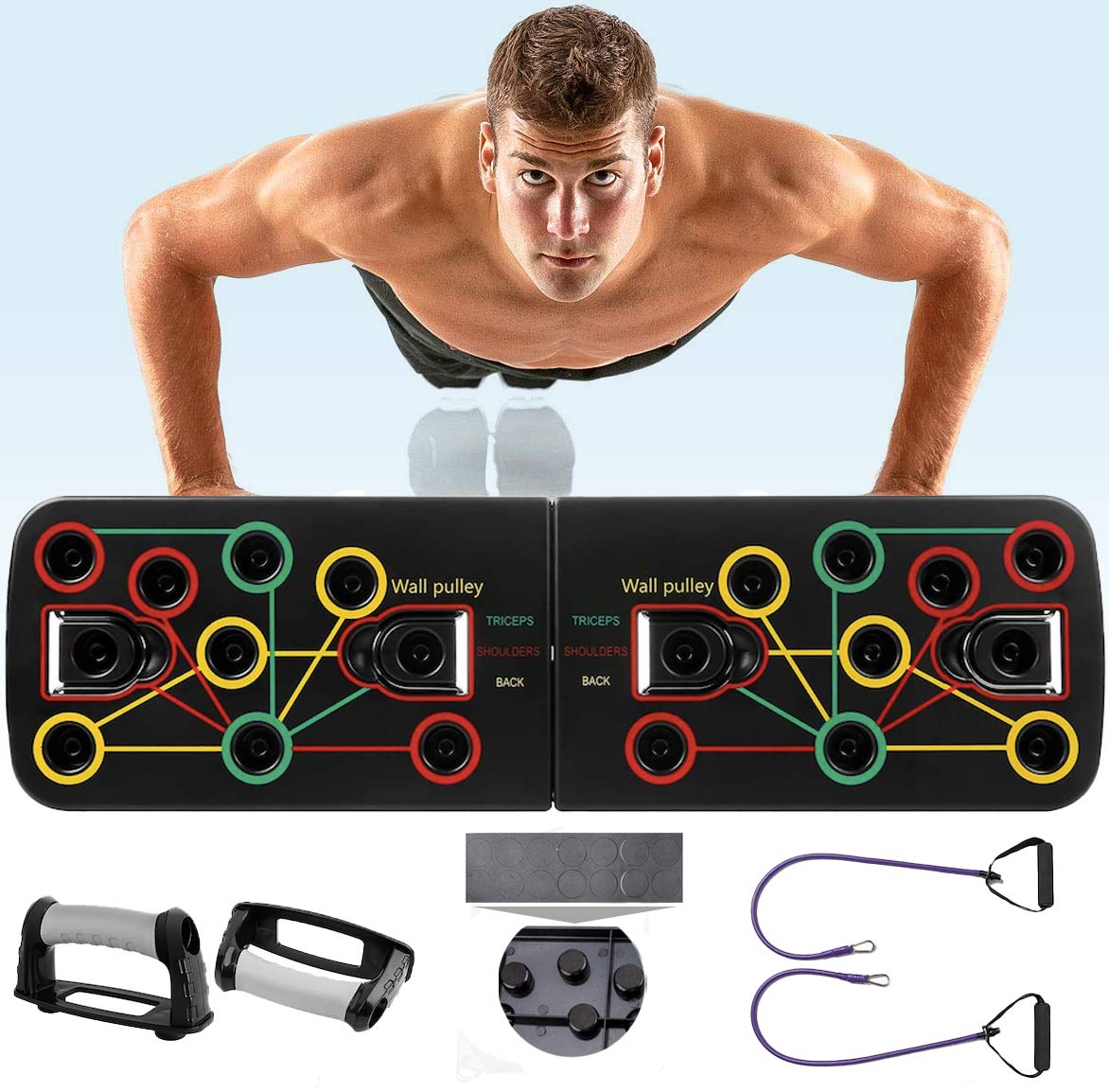 Push-Up Board with Silicone Coating Handles Including Resistance Bands and Gym Bag Backpack I Push Up Board with 13 Exercise Options I Ideal for All Who Want to Keep Fit