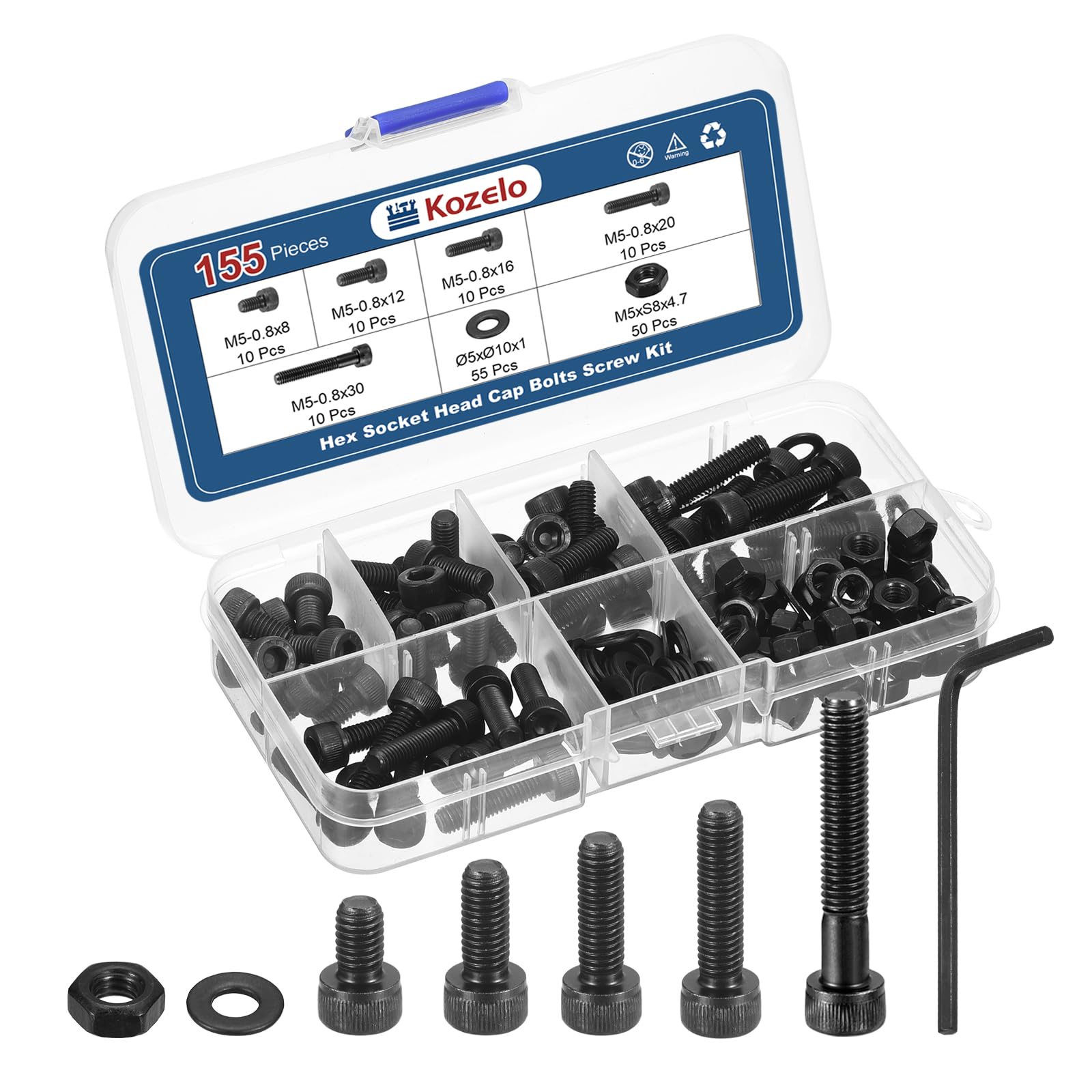 Kozelo 155pcs M5 Socket Head Cap Screws Bolts Nuts Assortment Kit - [M5x8/12/16/20/30mm] Alloy Steel Fully Threaded Black Oxide 12.9 Internal Hex Screw for 3D Printer Use, with Wrench