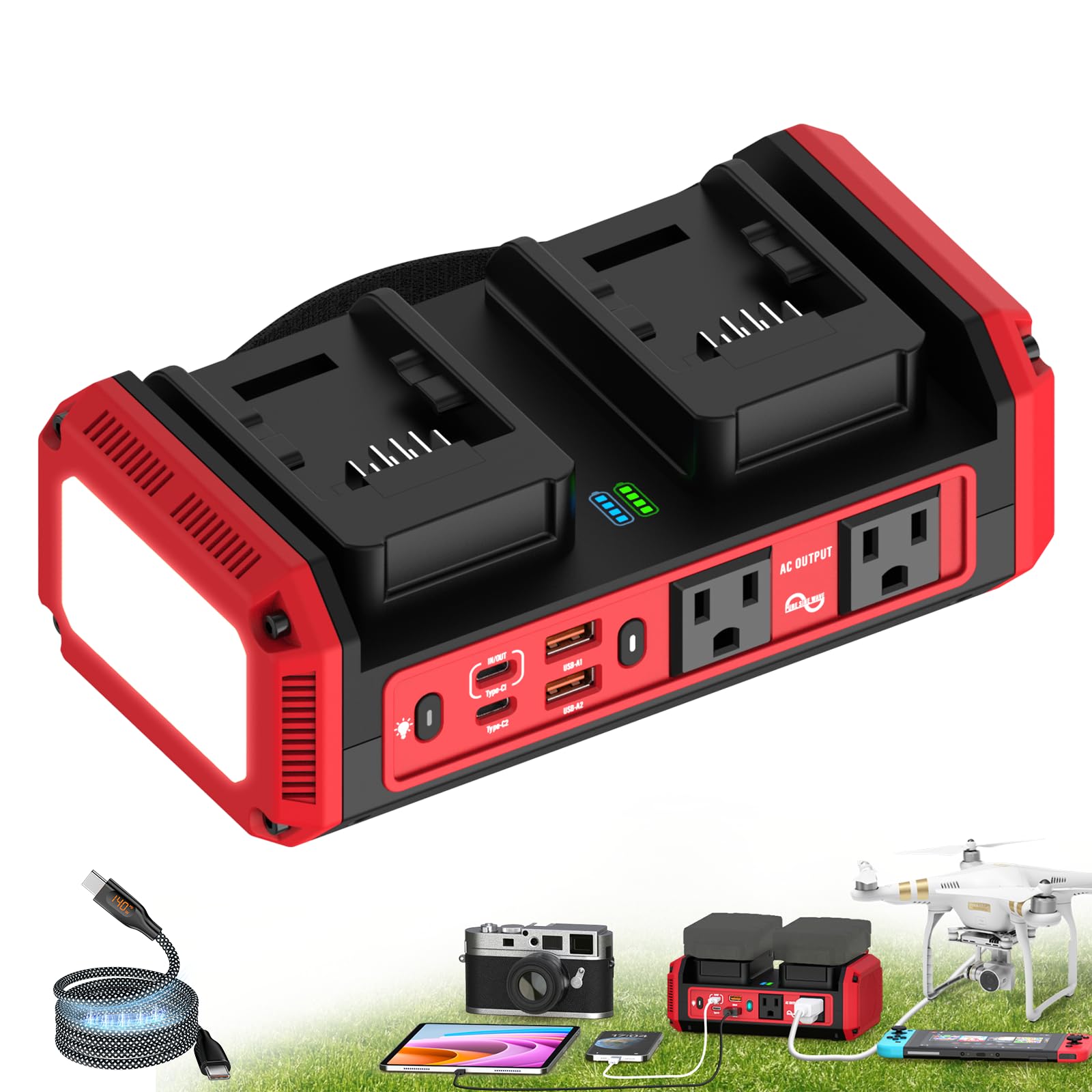 Photo 1 of 350W Pure Sine Wave Power Inverter Compatible with Milwaukee 18V Battery, DC 18V to AC 120V Inverter, 7A Fast Charger & 2 AC Outlet, 2 USB Ports & 2 Type-C Ports, 600LM LED Work Light (No Battery)