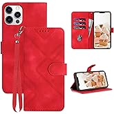 JHWVVTF for iPhone 12 Pro Max Case Wallet, Card Holder, Wrist Strap, Kickstand, Magnetic Closure, PU Leather Pattern Flip Cover, Shockproof Protective for iPhone 12 Pro Max Phone Case (Red)
